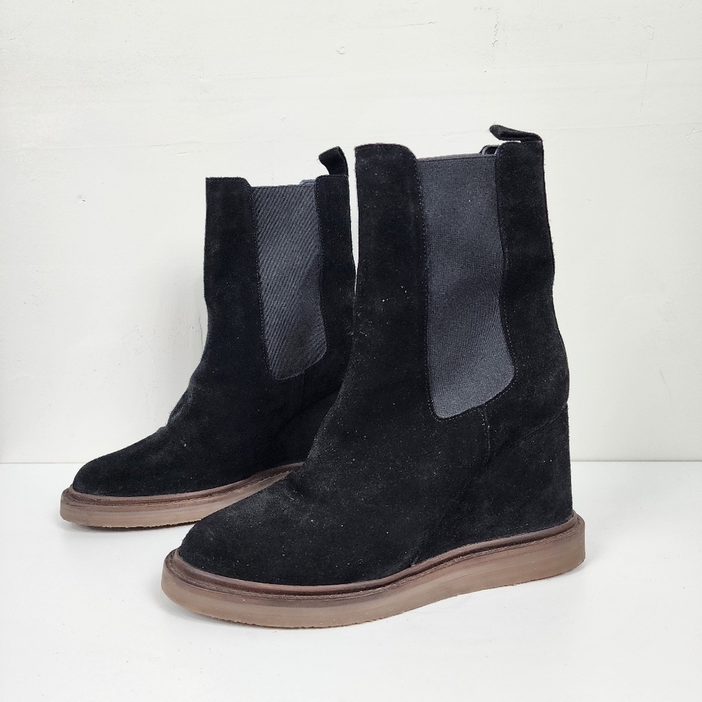 Vintage Foundry Co Black Suede Elizabeth Wedge Ankle Boots, Size 7.5 New Nwob